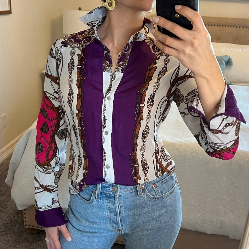 Western Versace inspired print button blouse sz XS